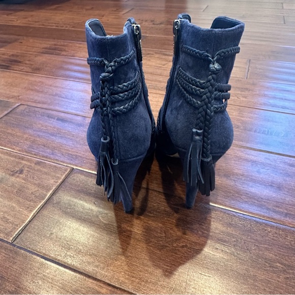 Vince Camuto Navy Suede Braided Tassel Peep Toe Booties - Picture 3 of 8
